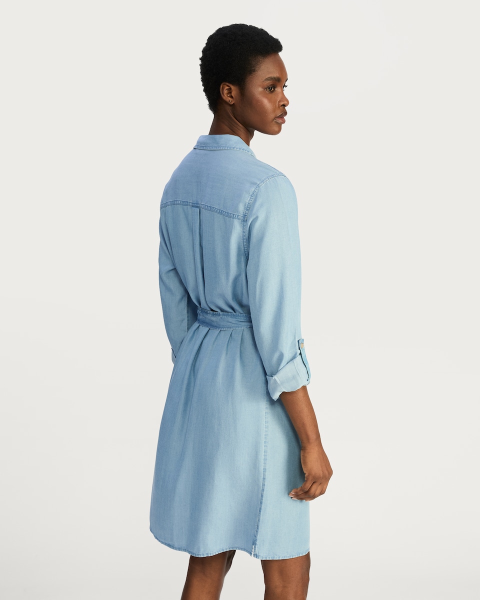 image 1 of F&F TENCEL™ Button Front Belted Mini Shirt Dress in Blue