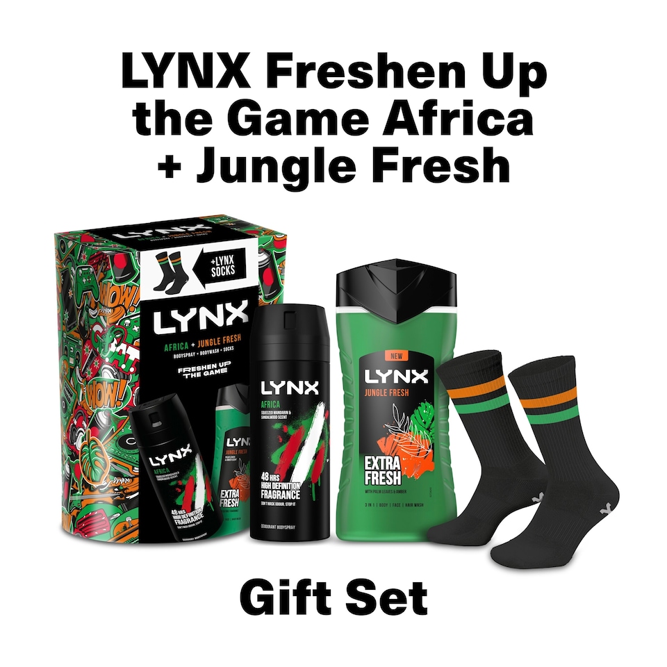image 1 of Lynx Africa Bodyspray, Jungle Fresh Body Wash & Socks Gift Set
