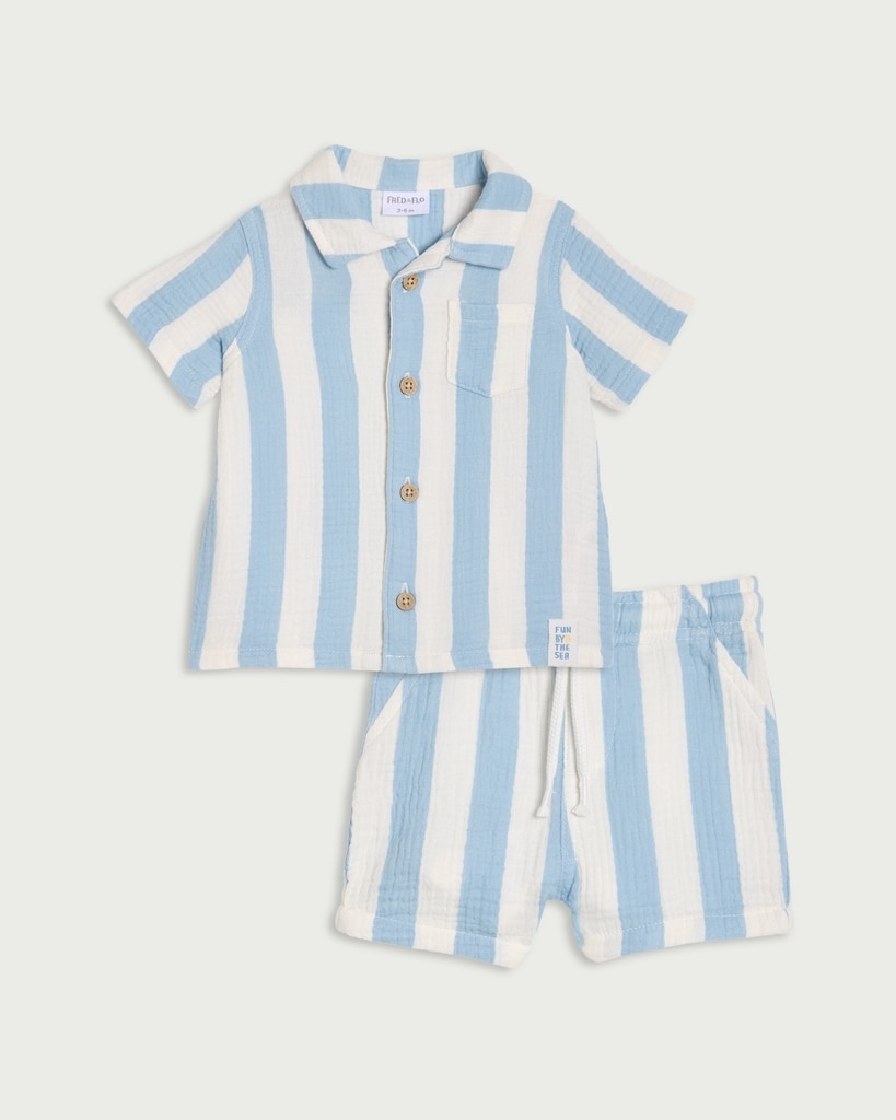 F&F Baby 2-Piece Pure Cotton Textured Striped Shirt and Shorts Set in Blue