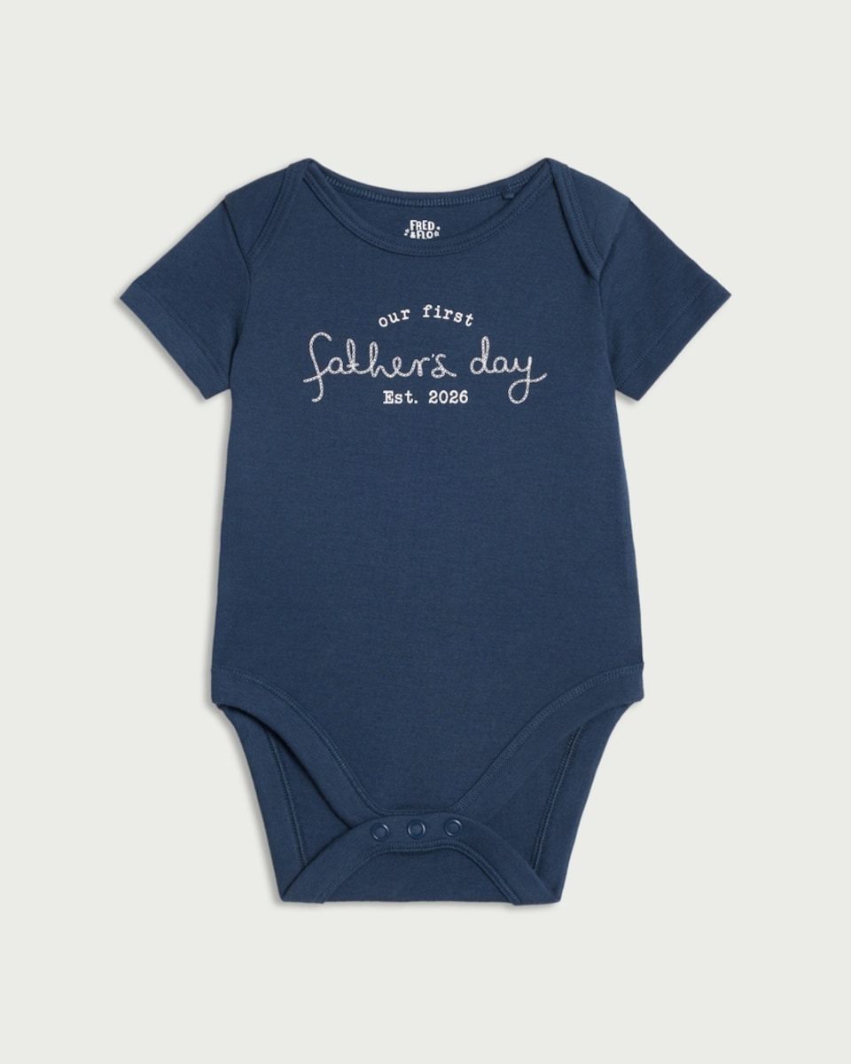 image 1 of F&F Baby Pure Cotton Our First Father's Day Short Sleeved Bodysuit in Navy