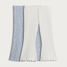 F&F Girls 2-Pack Cotton Rich Floral Print Ribbed Flared Leggings in Multi Blue