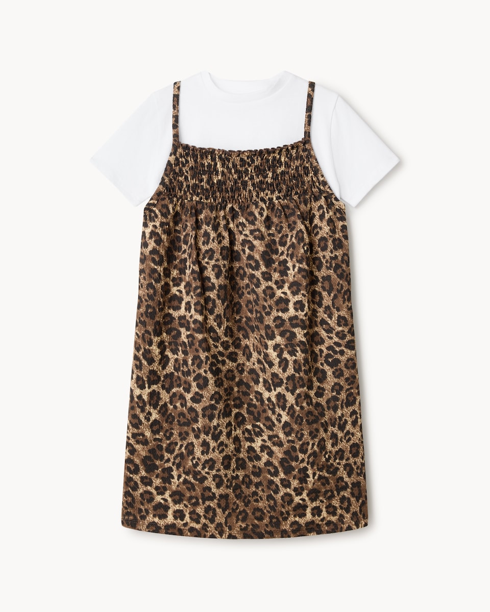 image 1 of F&F Girls 2-Piece Leopard Print Dress and T-Shirt Set in Multi Brown