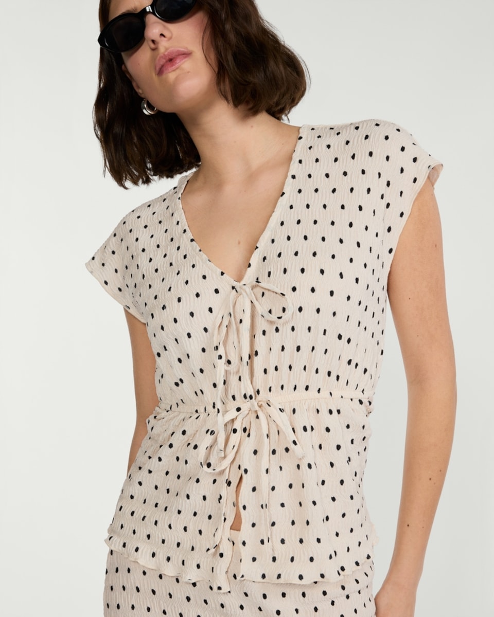 image 1 of F&F Textured Polka Dot Tie Front Co-ord Top in Multi White