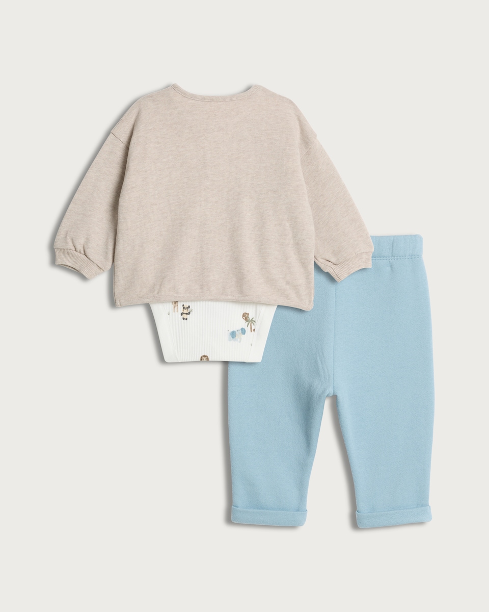 image 1 of F&F Baby 3-Piece Cotton Rich Animal Cardigan, Bodysuit and Leggings Set in Neutral