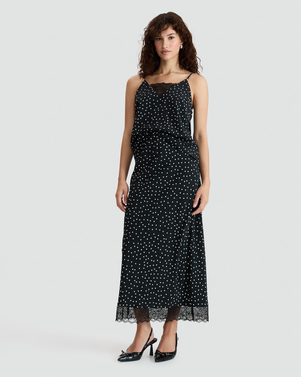 image 1 of F&F Polka Dot Lace Trim Cami in Multi Black