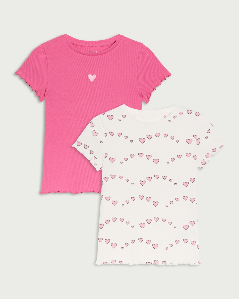image 1 of F&F Girls 2-Pack Cotton Rich Heart T-Shirts in White