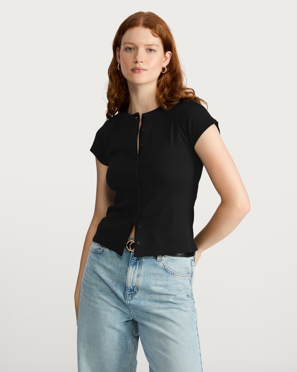 image 1 of F&F Cotton Rich Button Front Top in Black