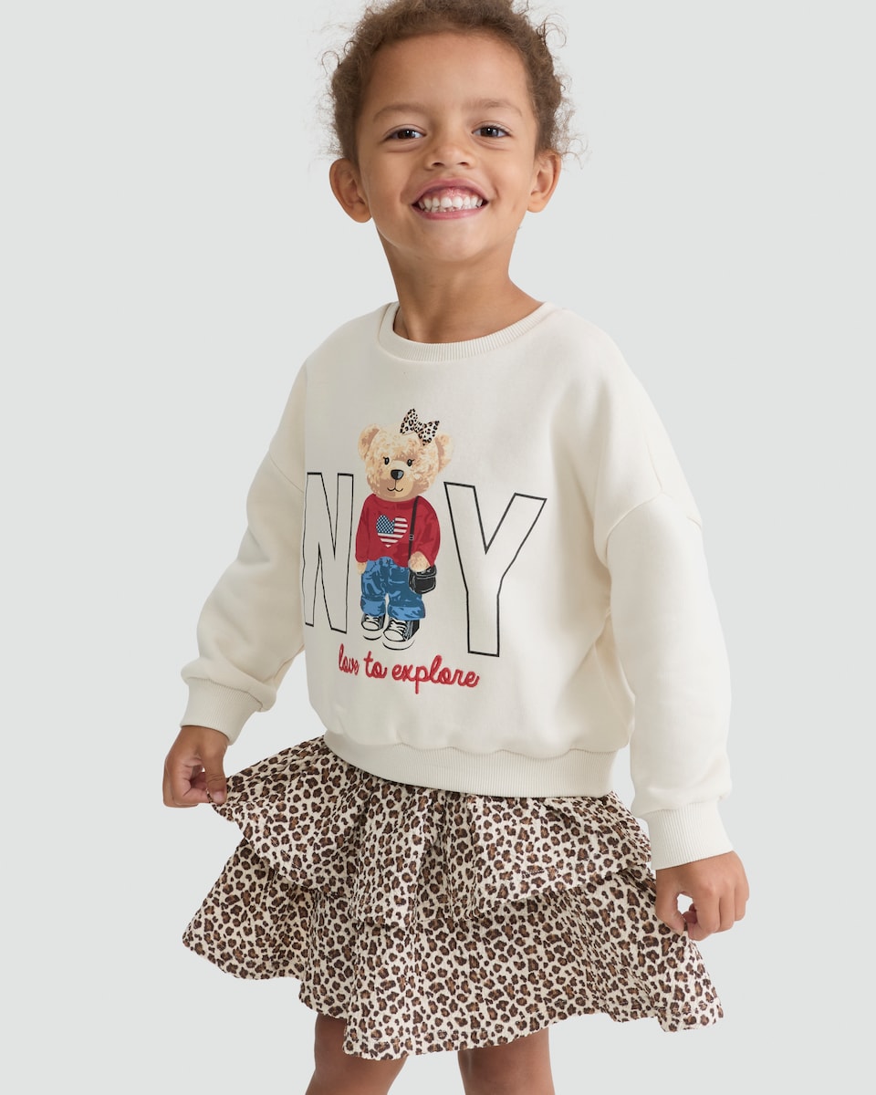 image 1 of F&F Girls 2-Piece Cotton Rich Bear Sweatshirt and Skirt Set in Multi