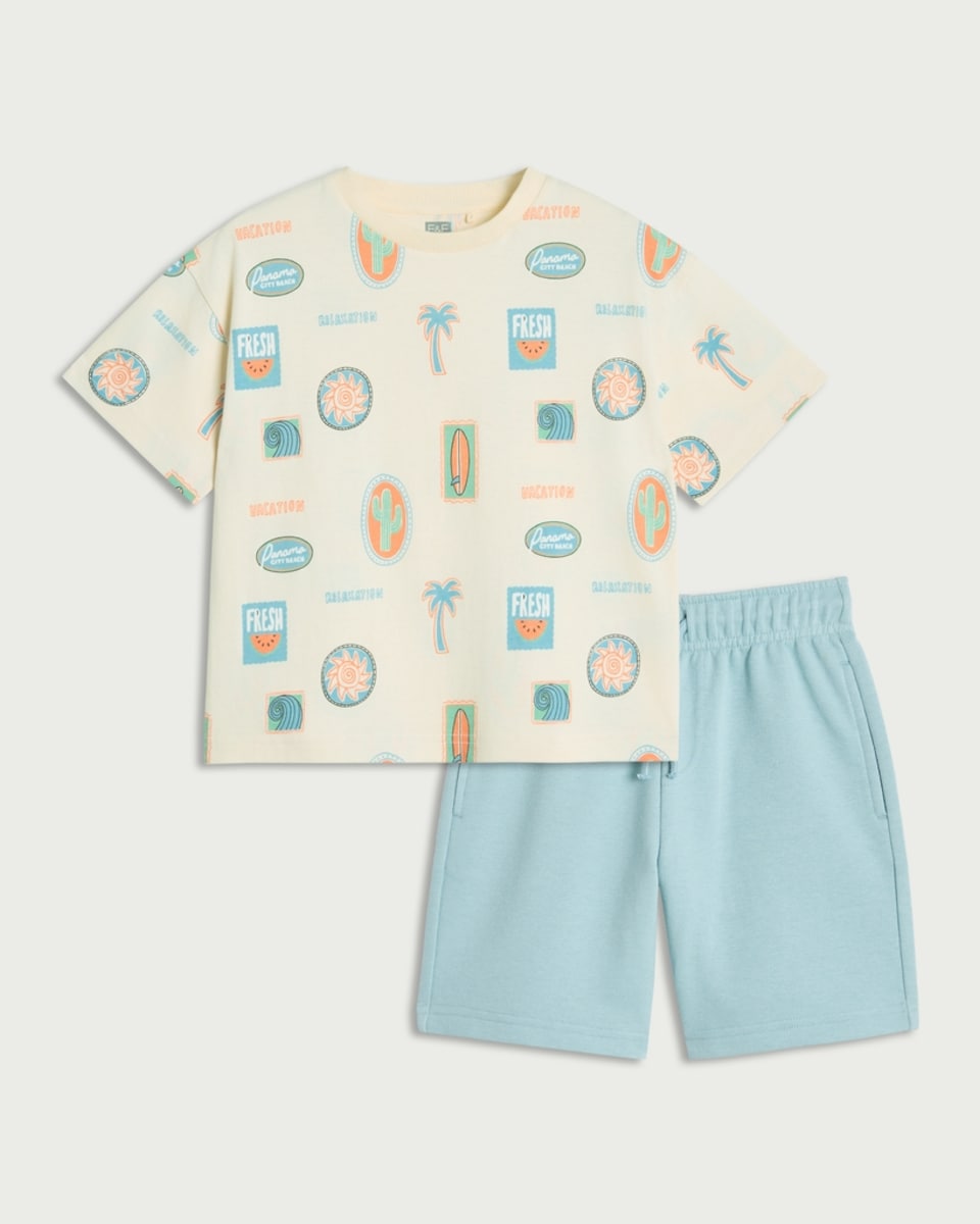 image 1 of F&F Boys Cotton Rich Printed T-Shirt and Shorts Set in Multi Blue