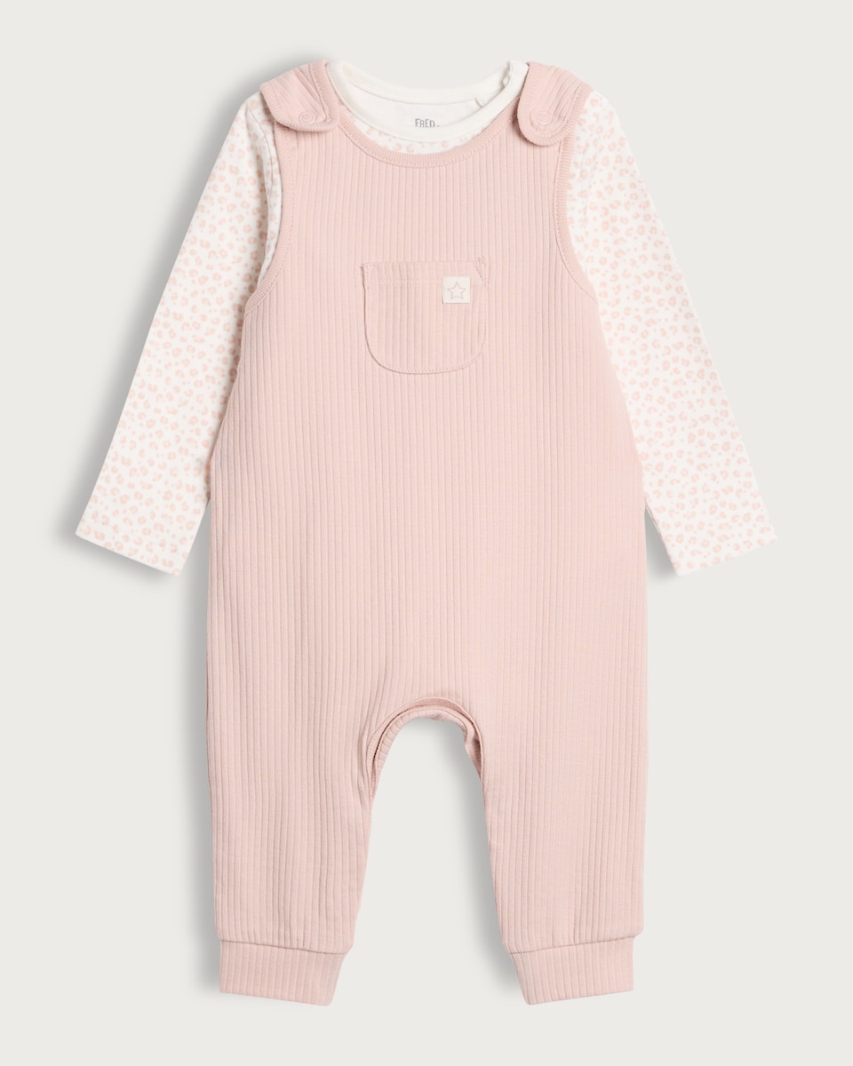 image 1 of F&F Baby Cotton Rich Ribbed Dungarees and Bodysuit Set in Pink