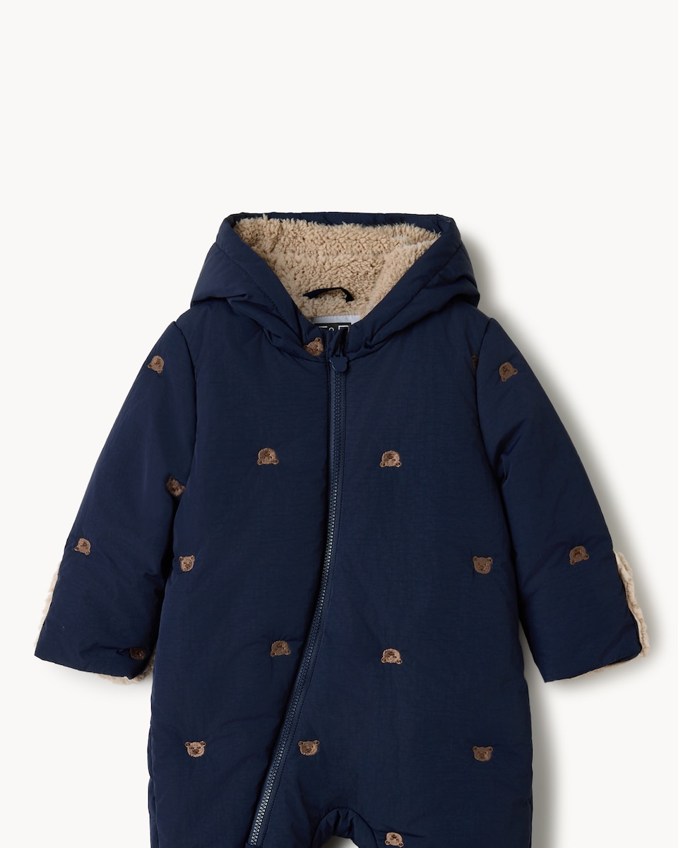 image 1 of F&F Baby Embroidered Bear Pramsuit in Navy