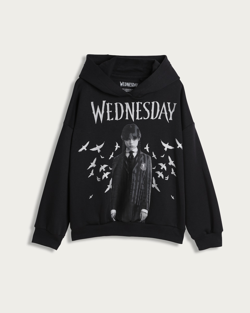 Wednesday Addams Print Cotton Rich Hoodie in Black
