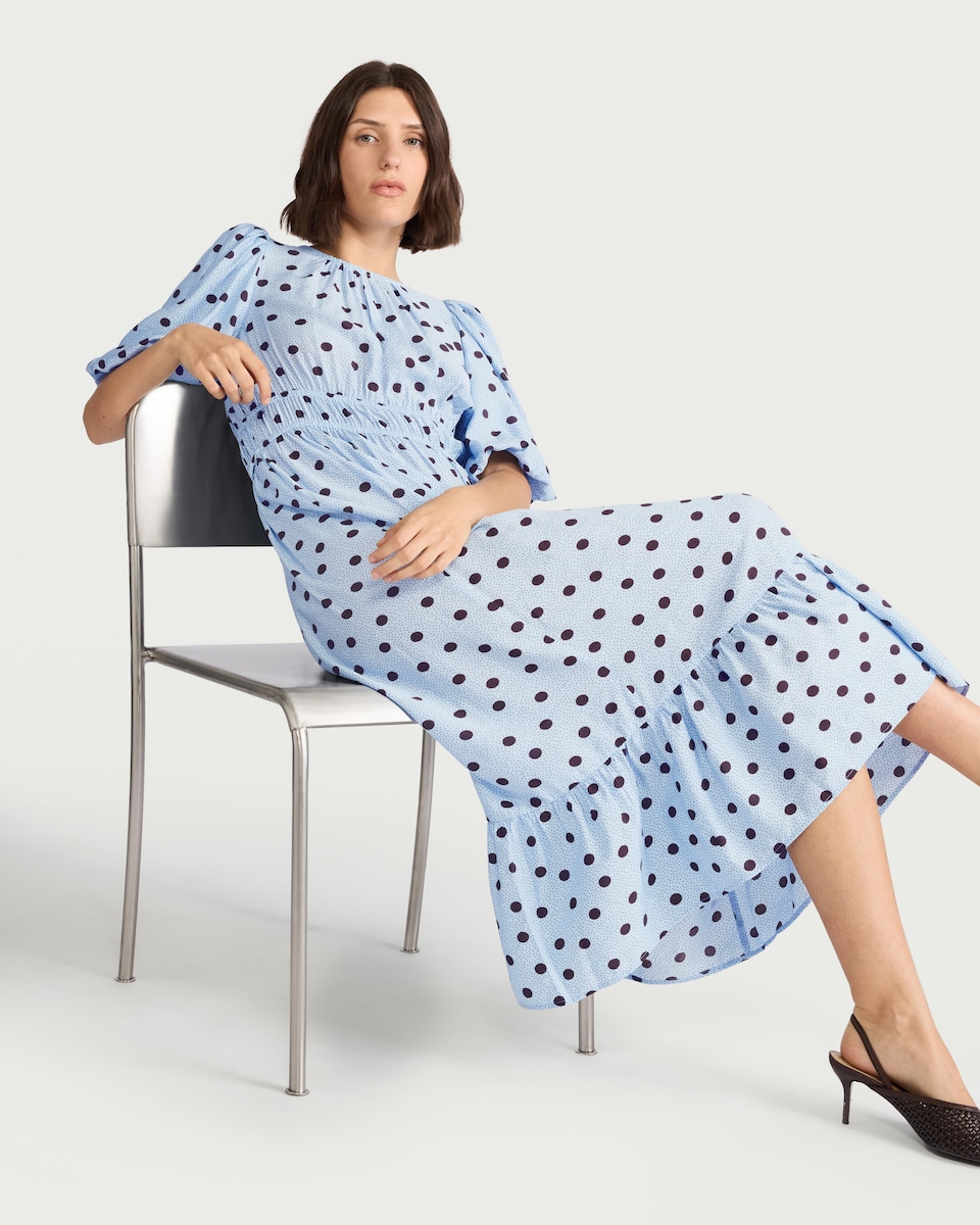 image 1 of F&F Shirred Polka Dot Midi Dress in Blue