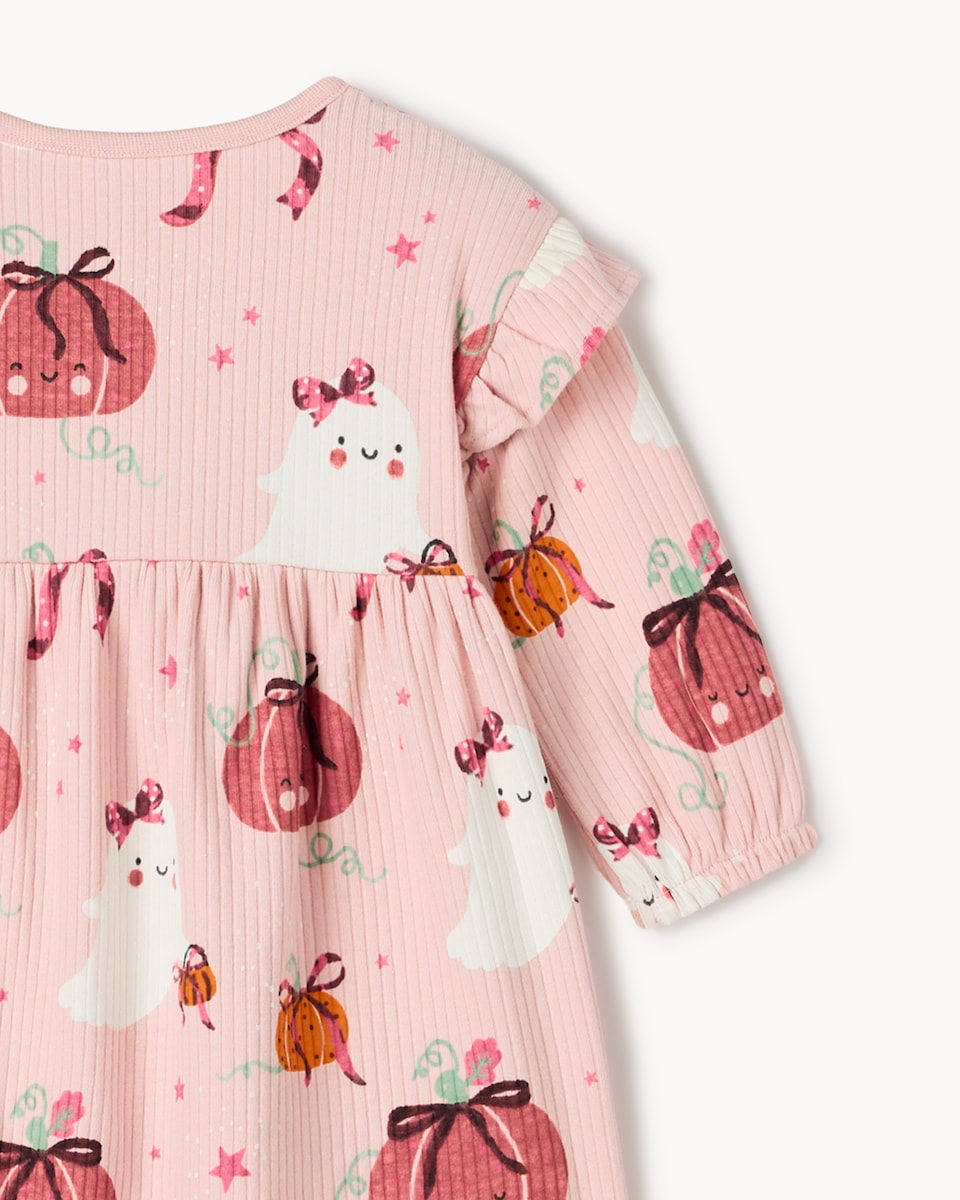 image 1 of F&F Baby Cotton Rich Ribbed Halloween Dress in Pink