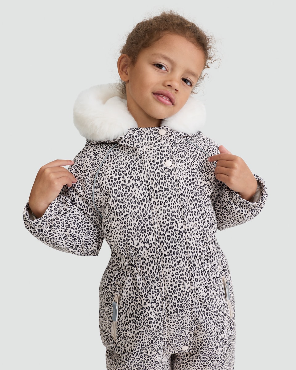 image 1 of F&F Girls Leopard Print Faux Fur Hooded Waterproof Snowsuit in Multi Brown