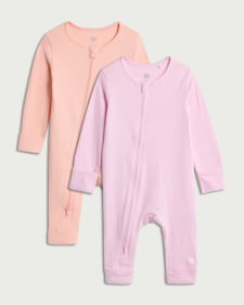 F&F Baby 2-Pack Cotton Rich Ribbed Zip Up Sleepsuits in Pink