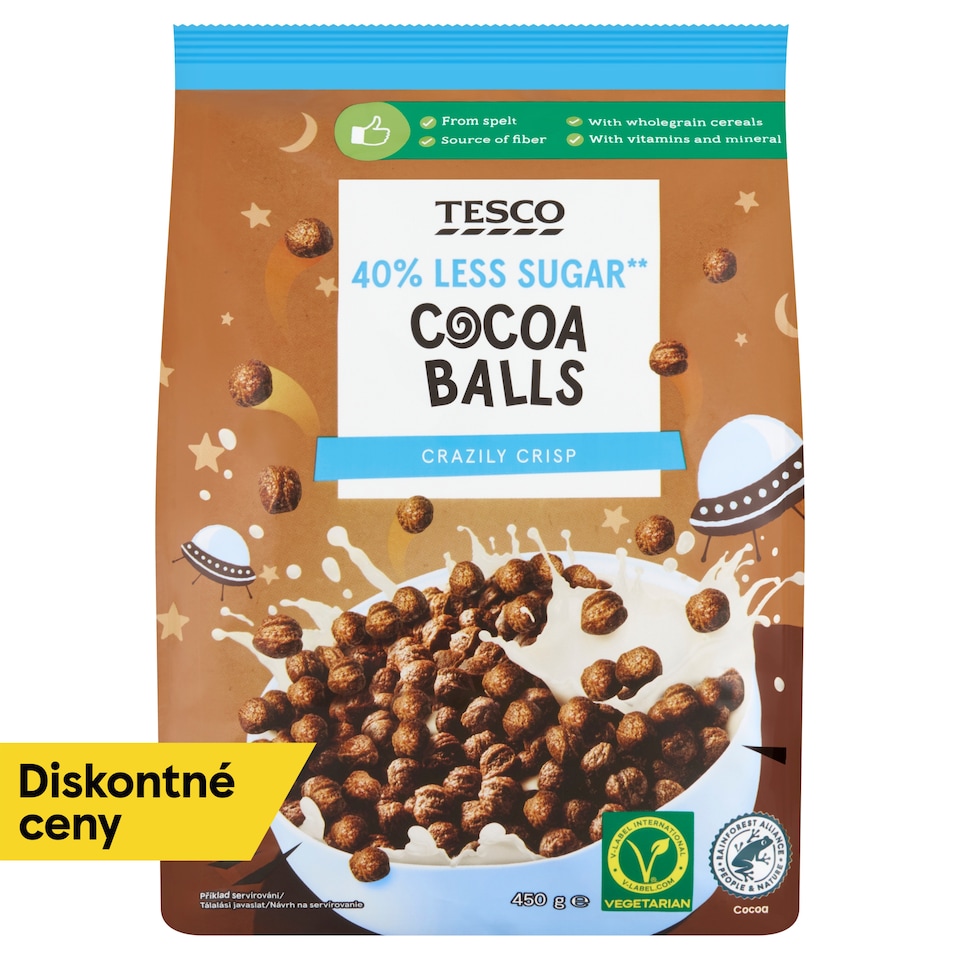 Tesco Pšeničné špaldové kakaové guľôčky s pridanými vitamínmi a železom 450 g
