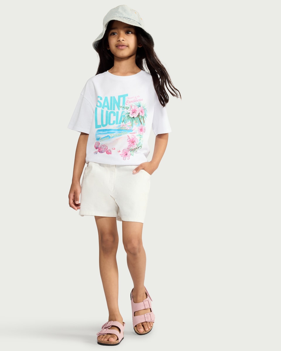 image 1 of F&F Girls Pure Cotton Embroidered Denim Shorts in Cream