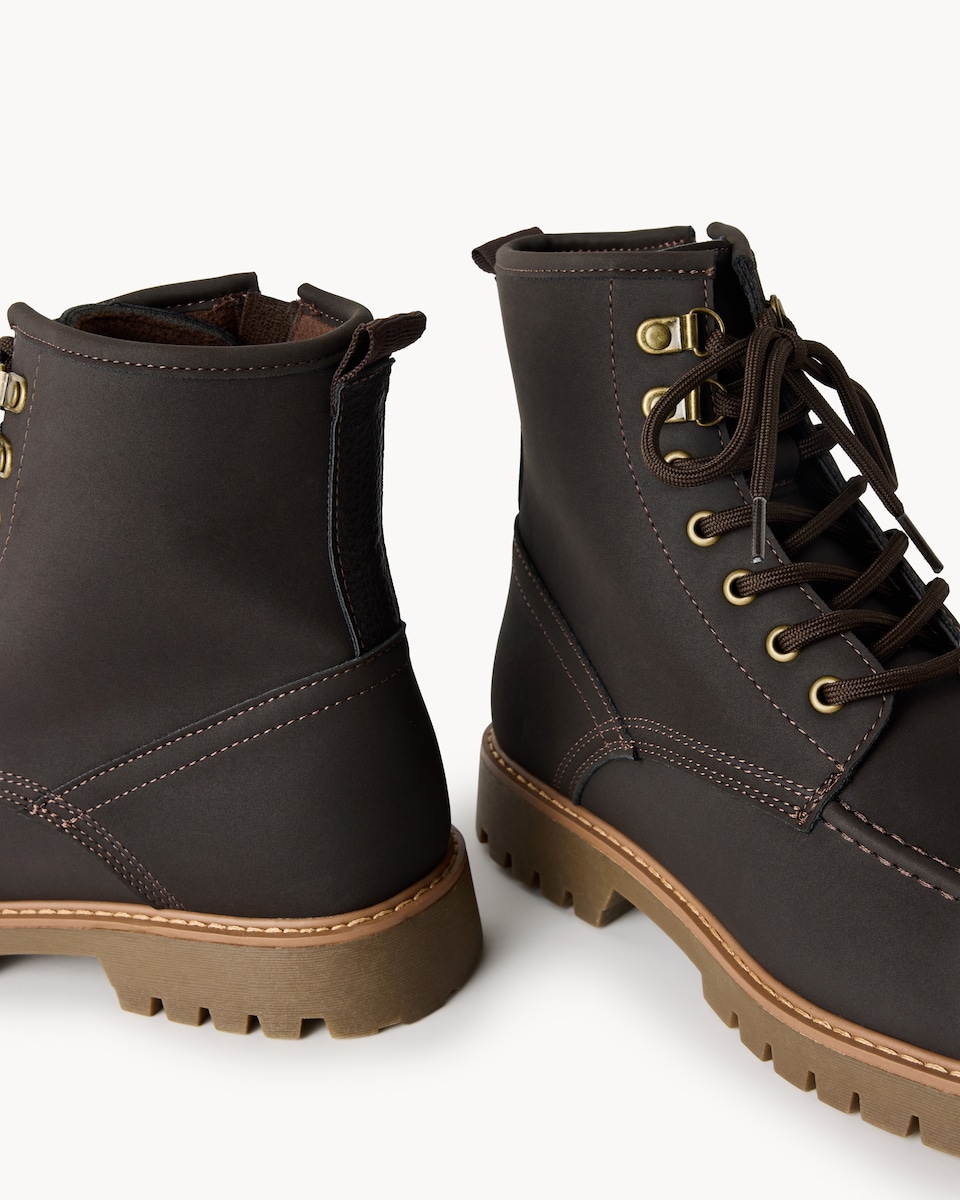 image 1 of F&F Faux Leather Lace Up Ankle Boots in Chocolate