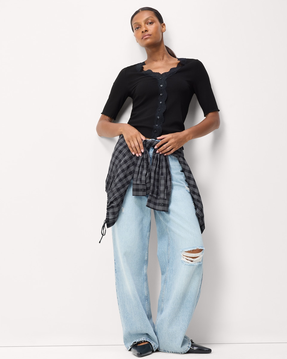 image 1 of F&F Lace Trim Button Up Top in Black
