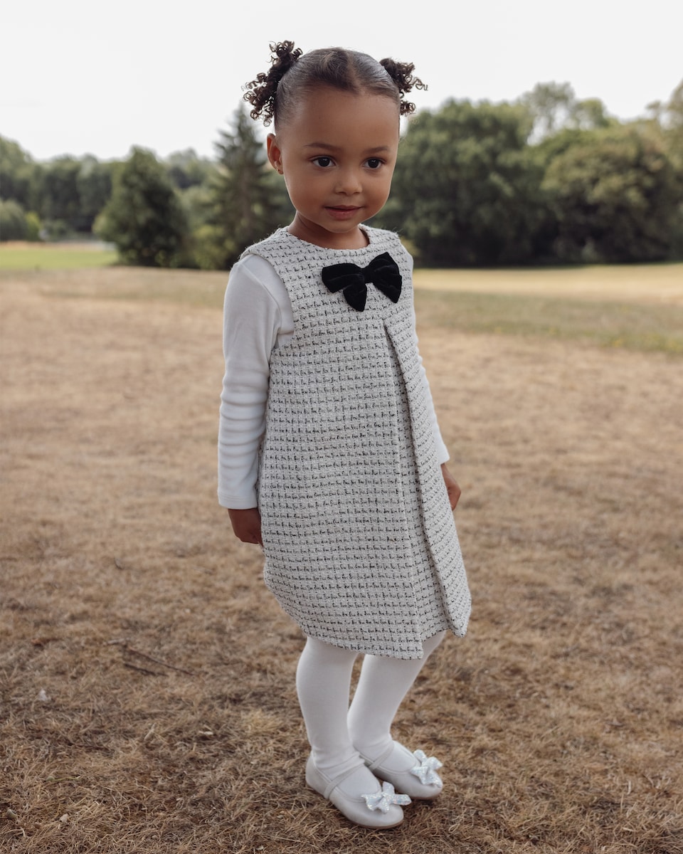 image 1 of F&F x Samantha Faiers 3-Piece Tweed Dress, Bodysuit and Tights Set in Grey Marl