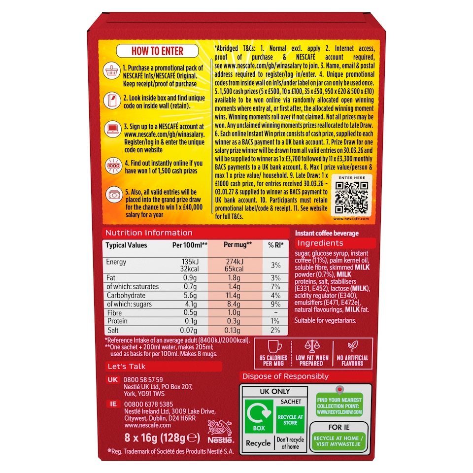 image 1 of Nescafe 3 in 1 Original Coffee Sachets 8 x 16g