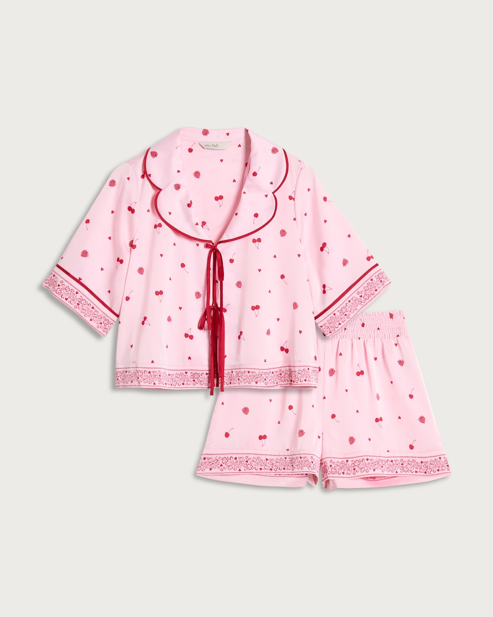 image 1 of F&F CoolEase™ Satin Fruit Print Shirt and Shorts Pyjama Set in Multi Pink