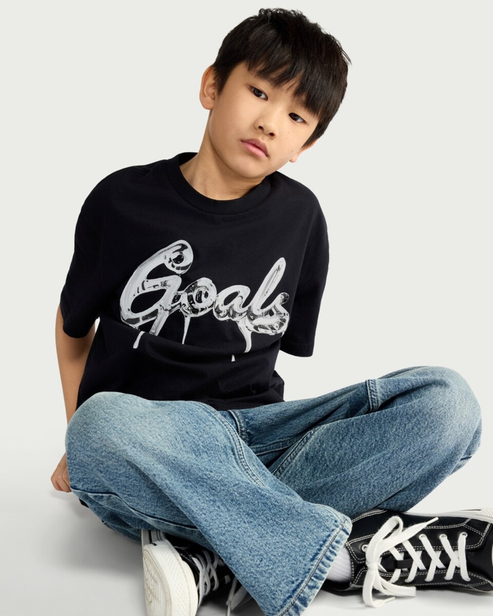 image 1 of F&F Boys Pure Cotton Goals Print T-Shirt in Black