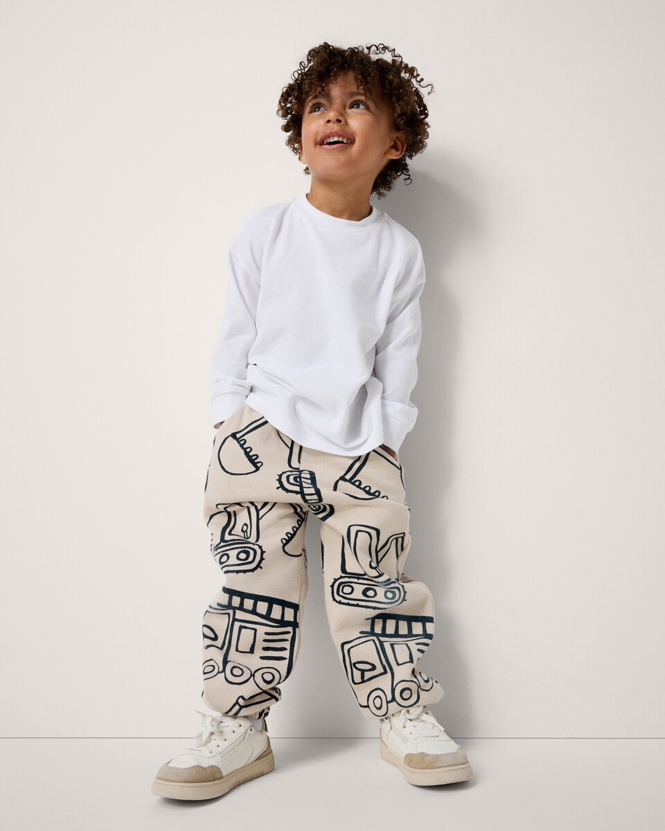 image 1 of F&F Boys Cotton Rich Vehicle Print Joggers in Stone