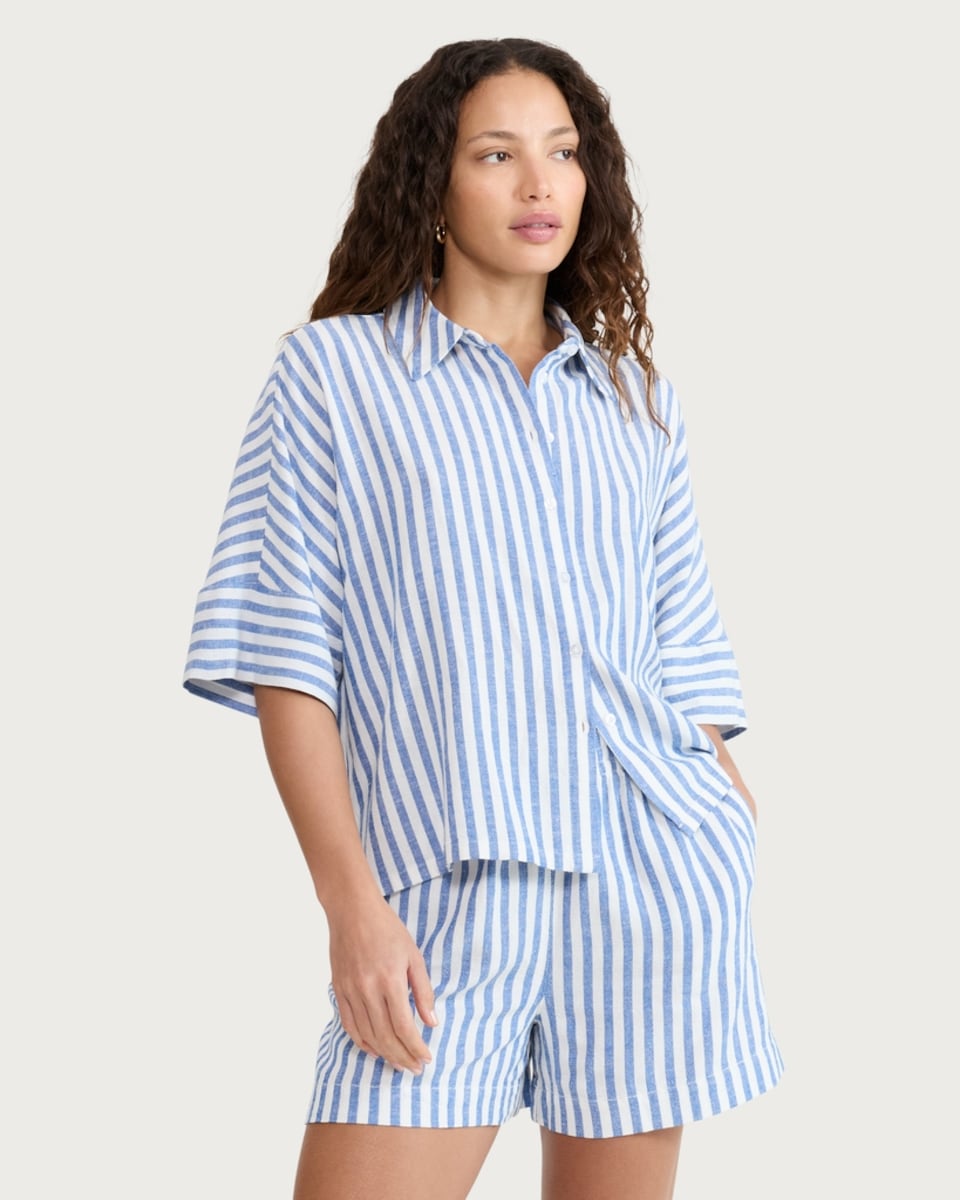 image 1 of F&F Stripe Button Up Shirt in Blue