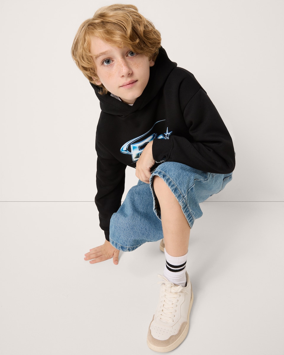 image 1 of F&F Boys Cotton Rich Slogan Hoodie in Black