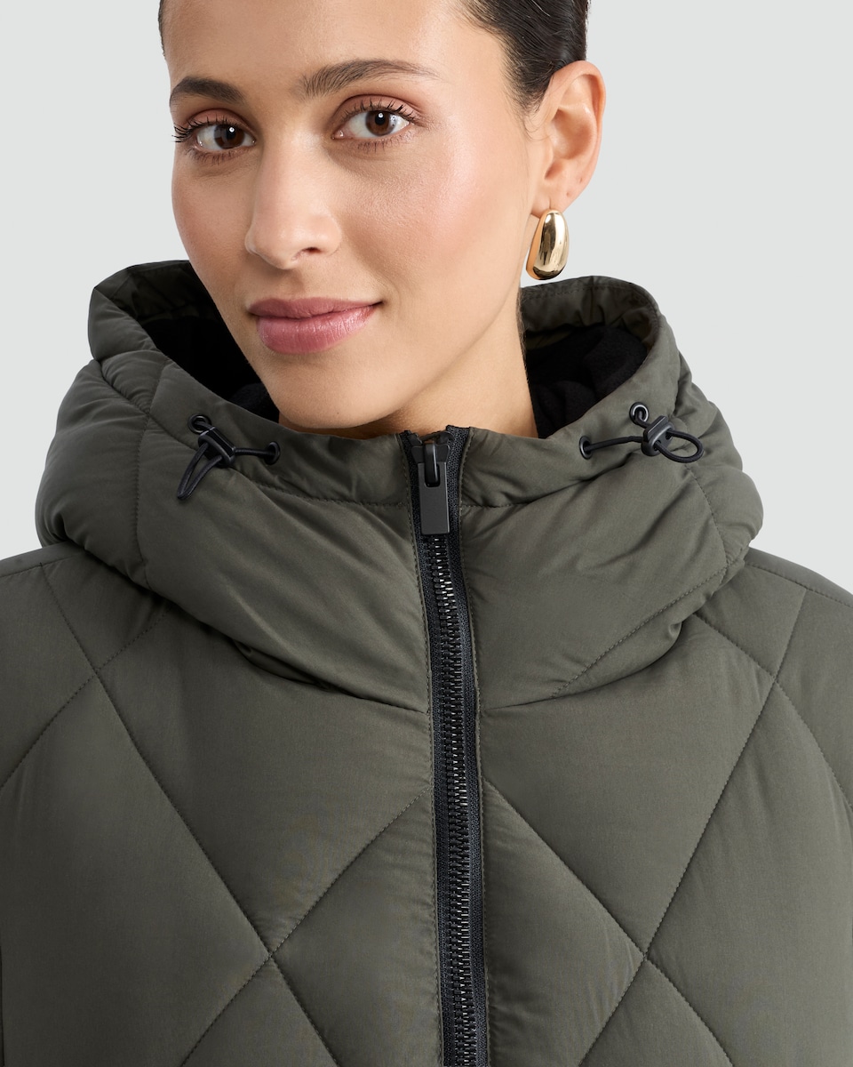 image 1 of F&F Quilted Longline Shower Resistant Zip Up Coat in Khaki