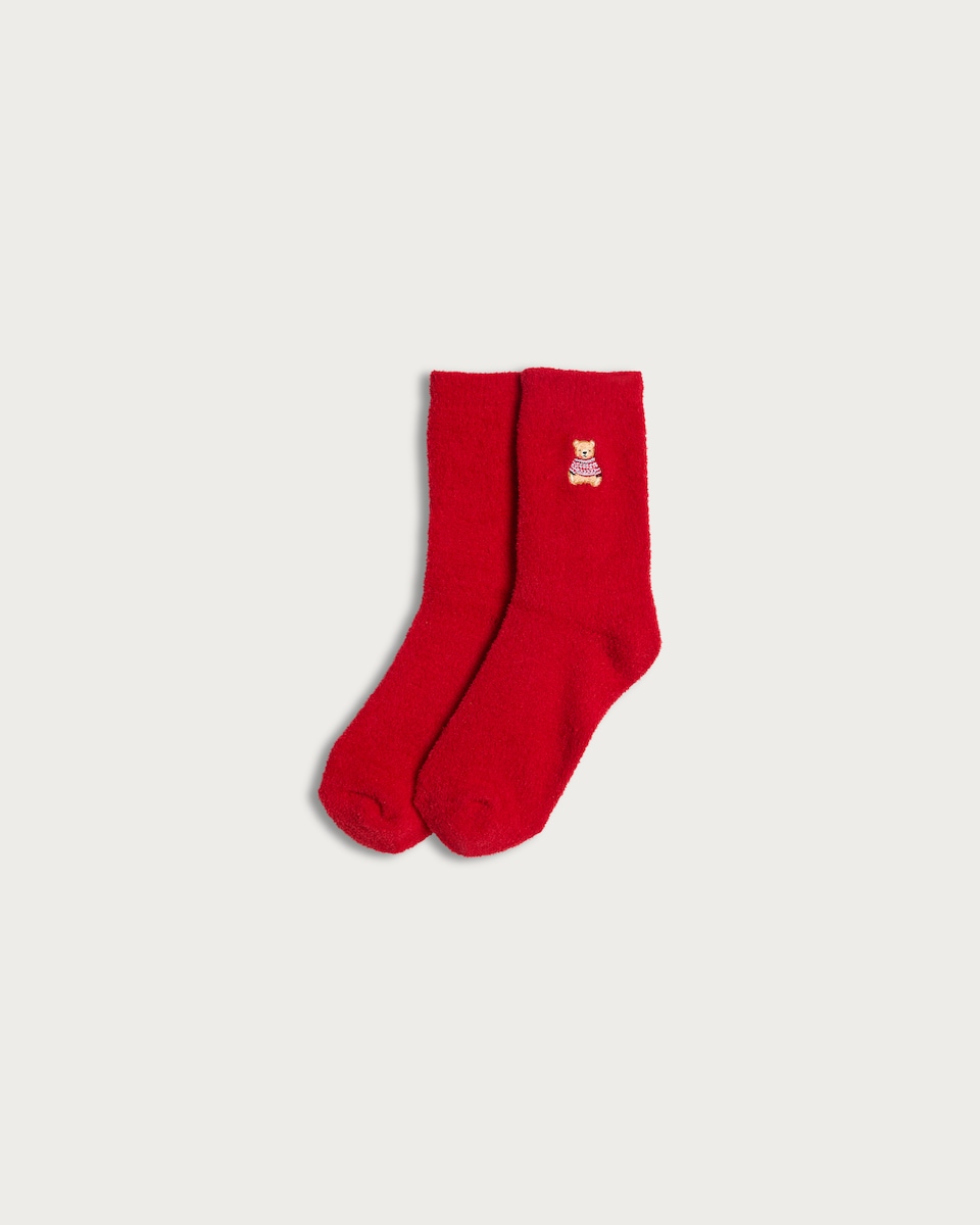 F&F Unisex Teddy Bear Embroidered Matching Family Christmas Cosy Socks in Red