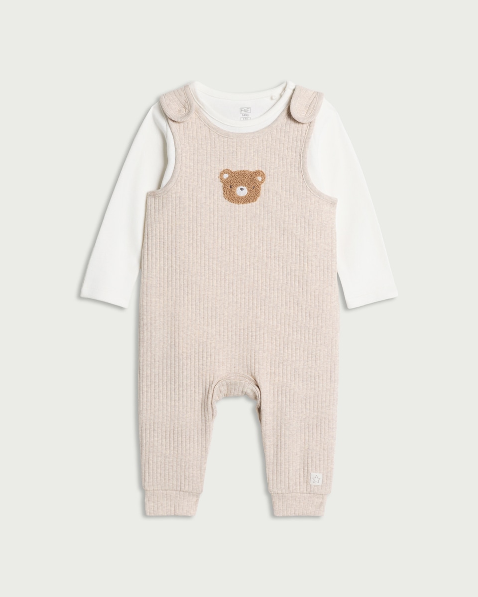 F&F Baby 2-Piece Teddy Bear Dungaree Set in Neutral