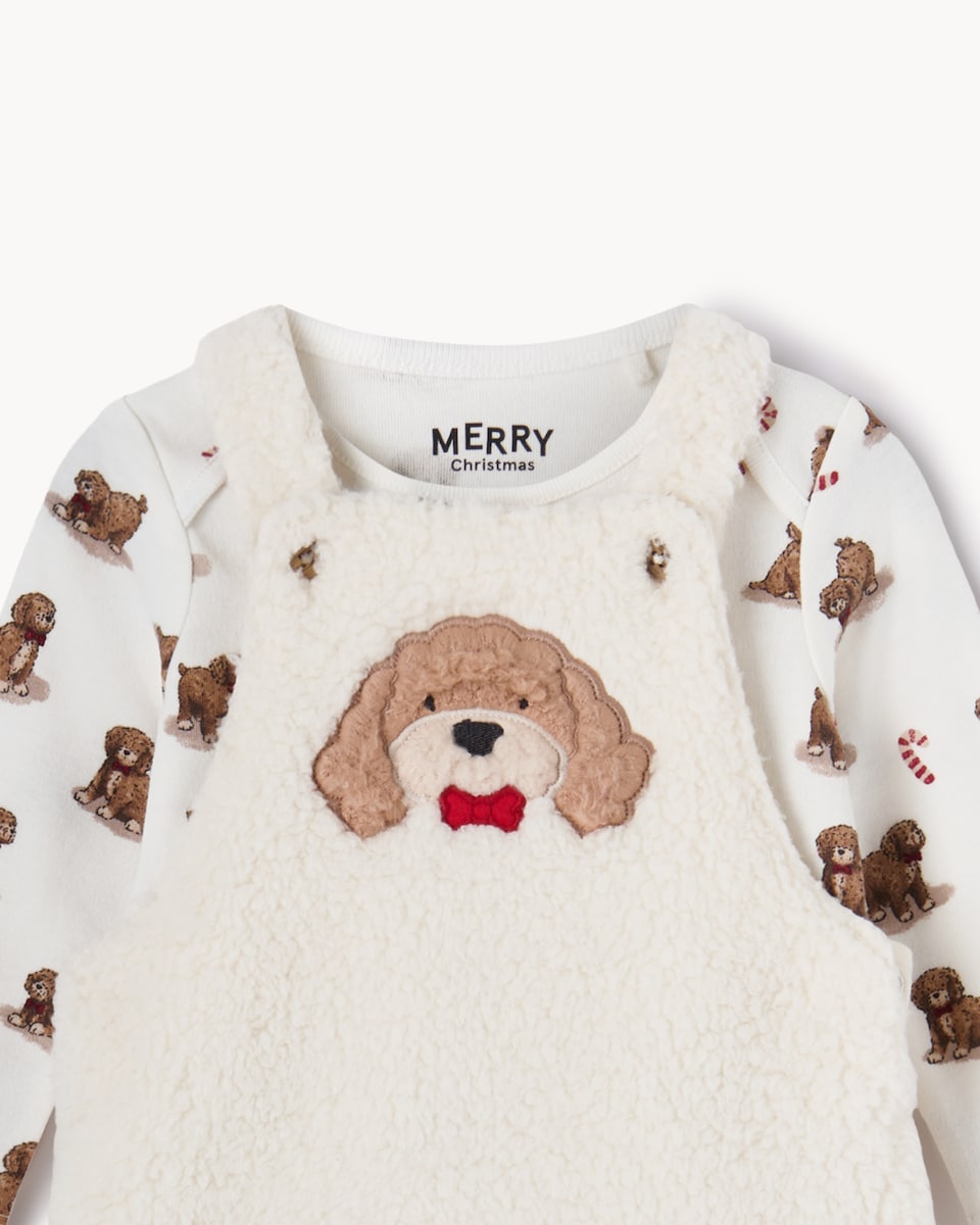image 1 of Christmas Baby Fleece Dog Dungarees and Bodysuit Set in Cream