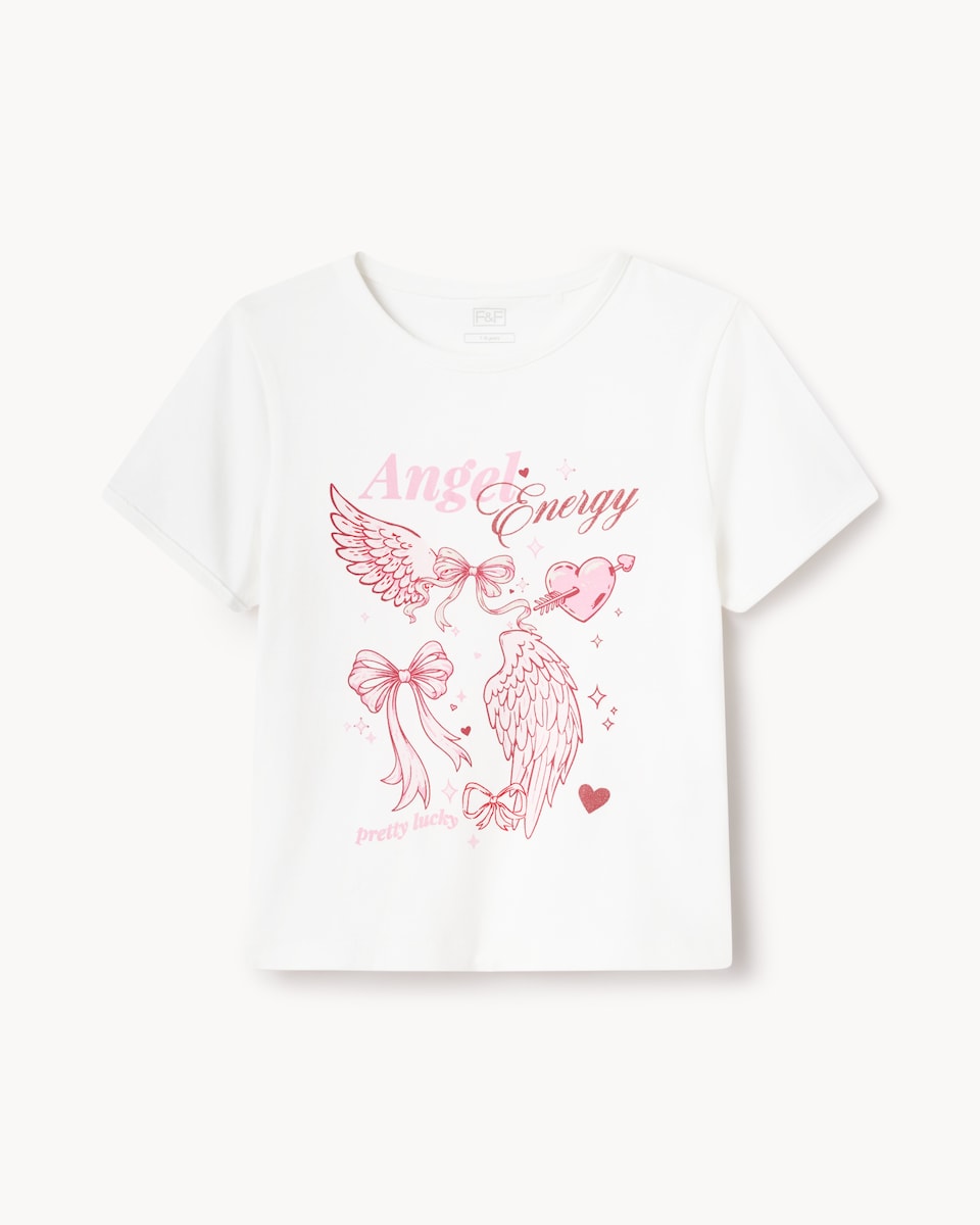 image 1 of F&F Girls Cotton Rich Angel Energy T-Shirt in White