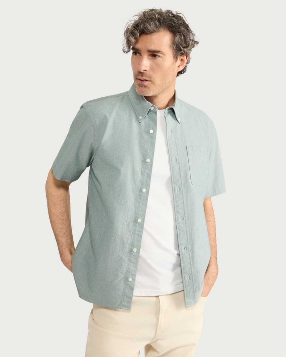 image 1 of F&F Pure Cotton Short Sleeved Oxford Shirt in Khaki