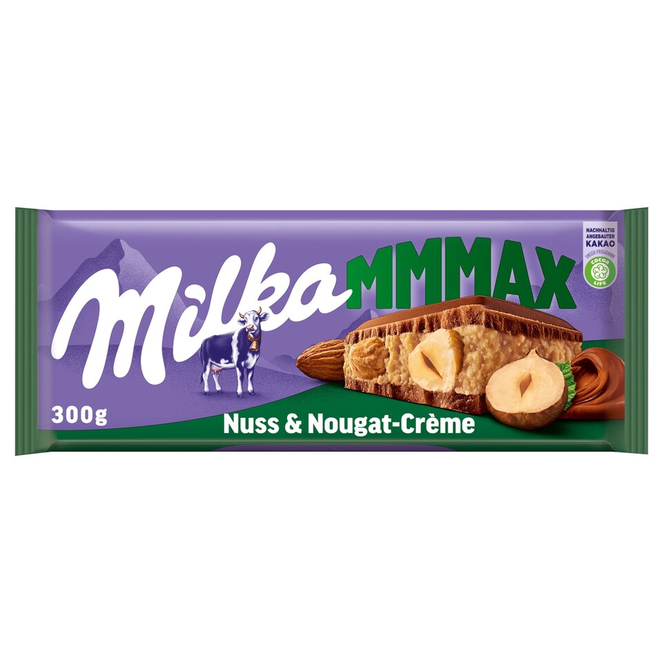 Milka Mmmax tejcsokoládé mogyorós-mandulás krémtöltelékkel és egész mogyoróval 300 g