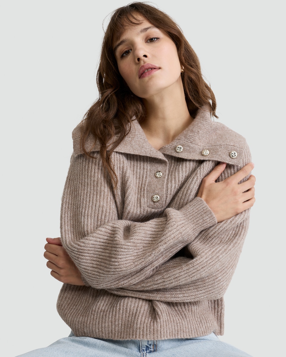 image 1 of F&F Ribbed Knit Button Collar Jumper with Wool in Mink