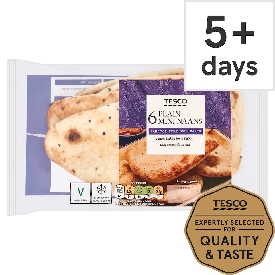 Tesco Mini Plain Naan Breads 6 Pack 282g