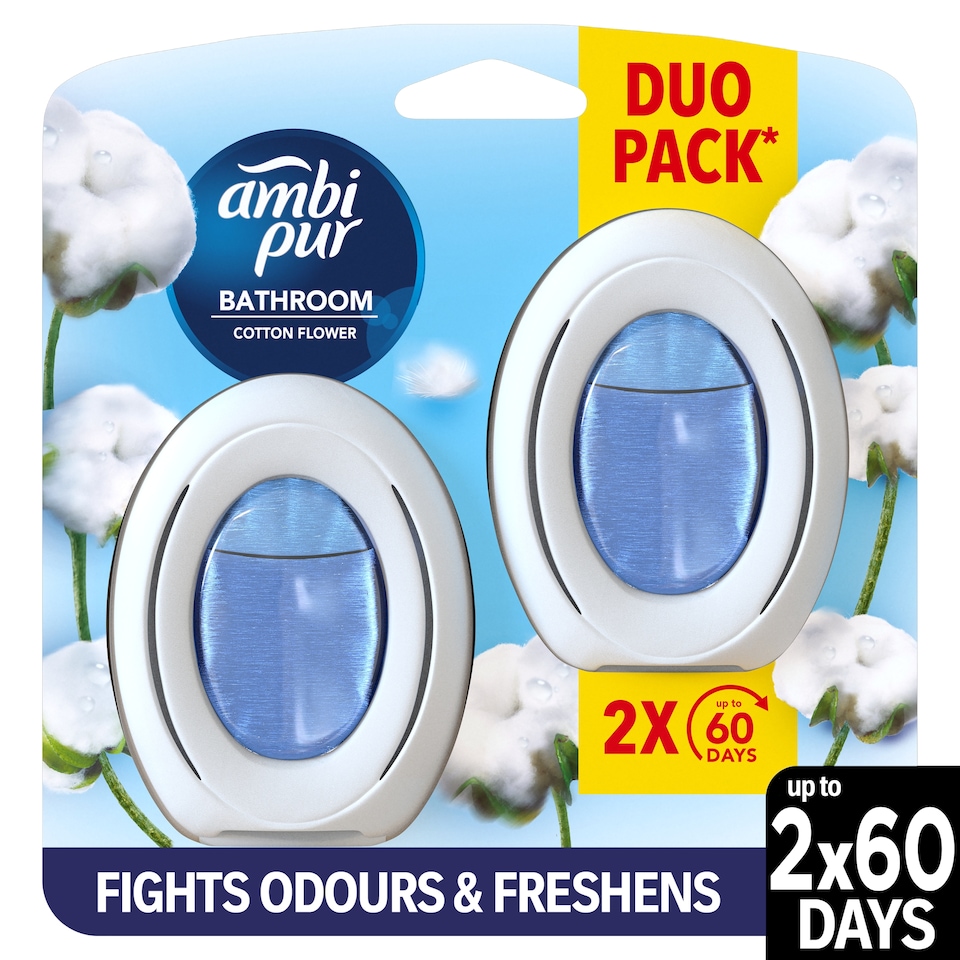 Ambi Pur Bathroom, Continuous Air Freshener Odour Elimination & Prevention, Cotton Flowers 2 Count