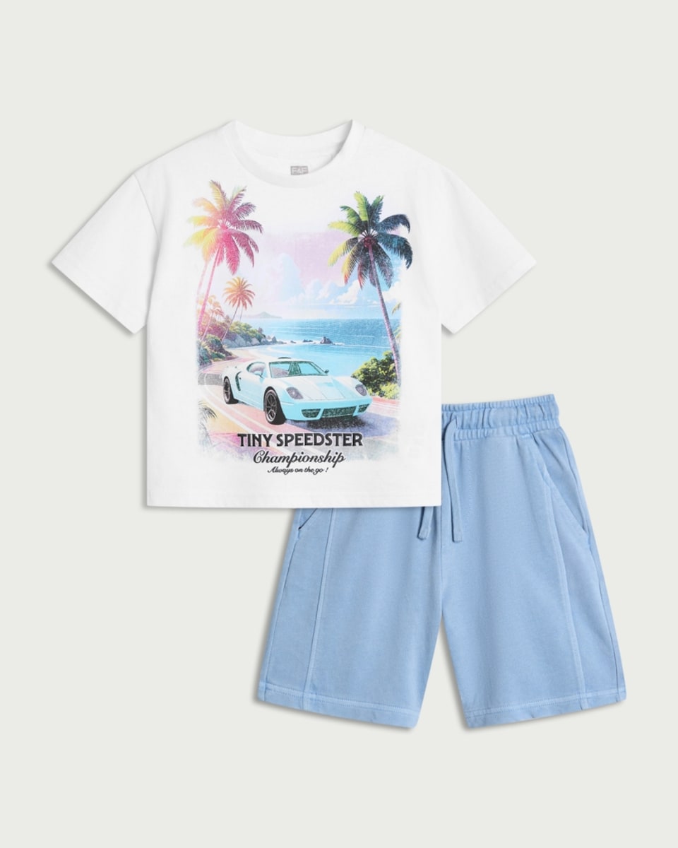 image 1 of F&F Boys 2-Piece Pure Cotton Tiny Speedster T-Shirt and Shorts Set in Multi Blue