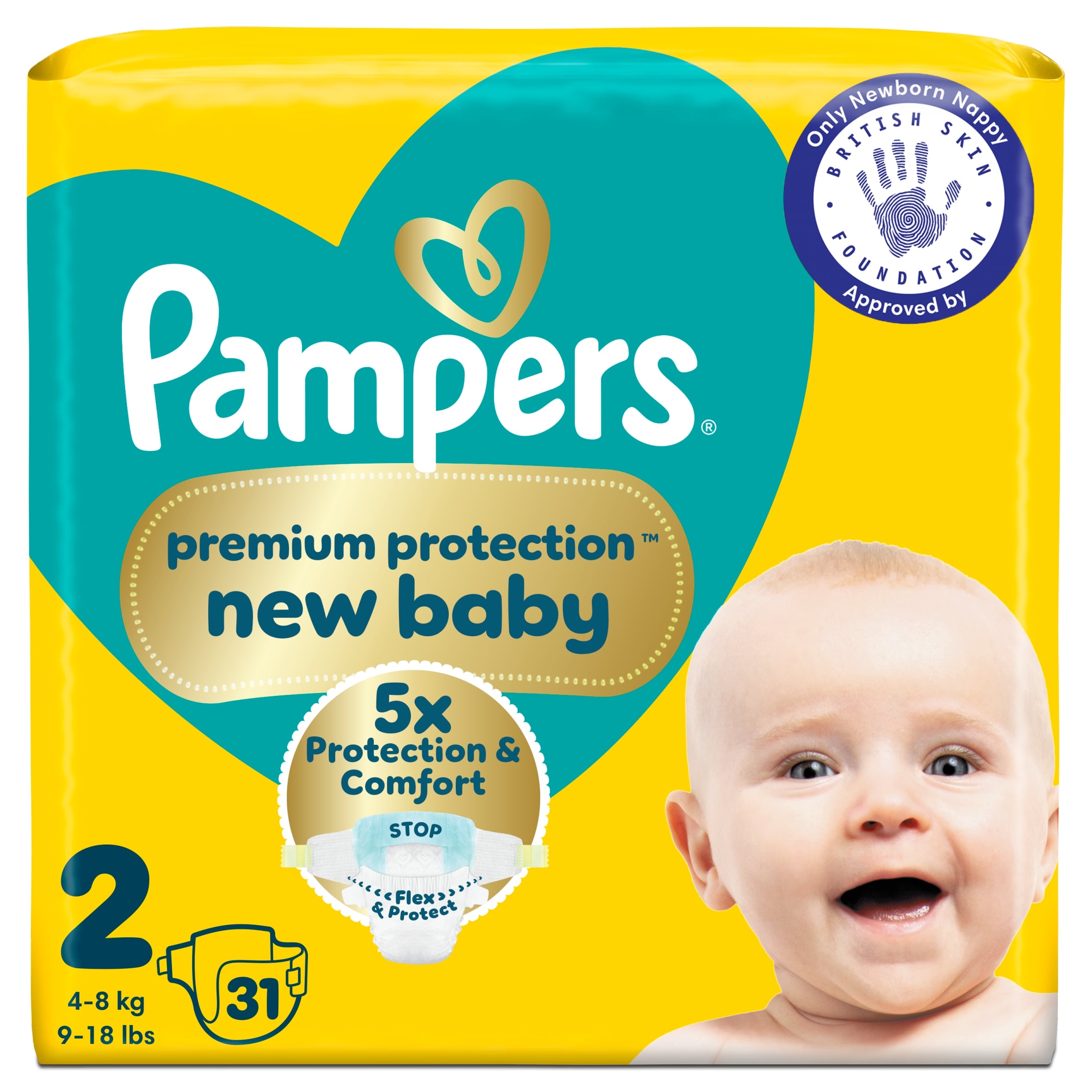 Pampers Premium Protection New Baby Size 2, 31 Nappies, 4kg-8kg, Carry Pack