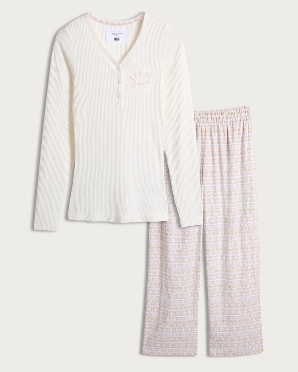 image 1 of F&F Ribbed Festive Henley Top and Trousers Pyjamas Set in Cream