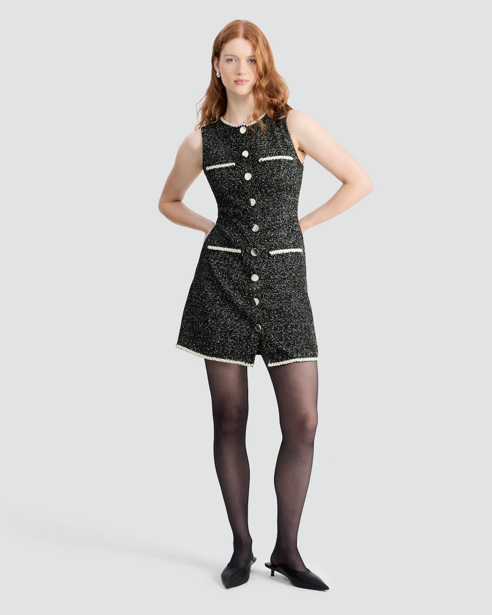 image 1 of F&F Tweed Button Through Sleeveless Dress in Multi Black White