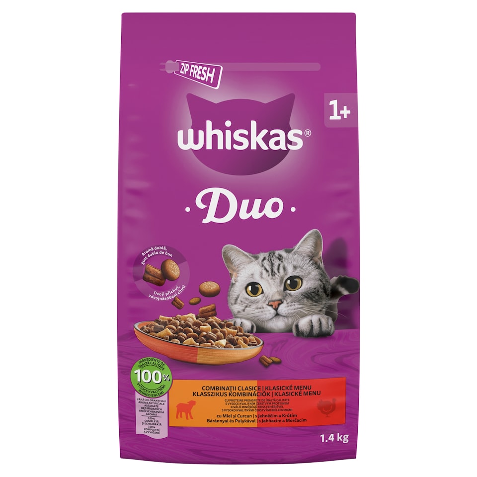 Whiskas 1+ Duo teljes értékű szárazeledel felnőtt macskák számára báránnyal és pulykával 1,4 kg