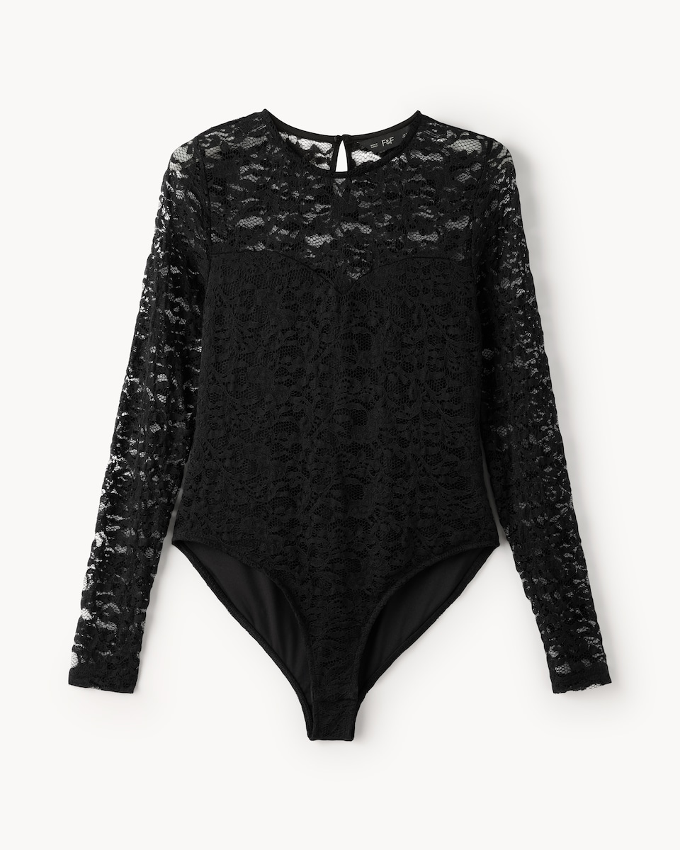 image 1 of F&F Lace Long Sleeved Bodysuit in Black
