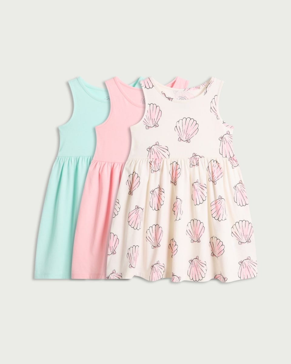 image 1 of F&F Girls 3-Pack Pure Cotton Shell Print Sleeveless Dresses in Multi