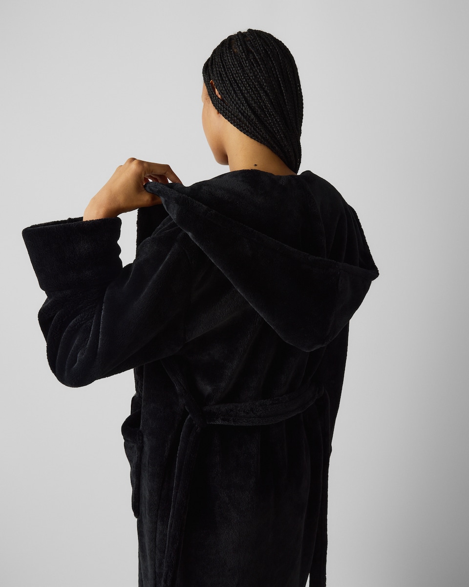 image 1 of F&F Fleece Hooded Dressing Gown in Black