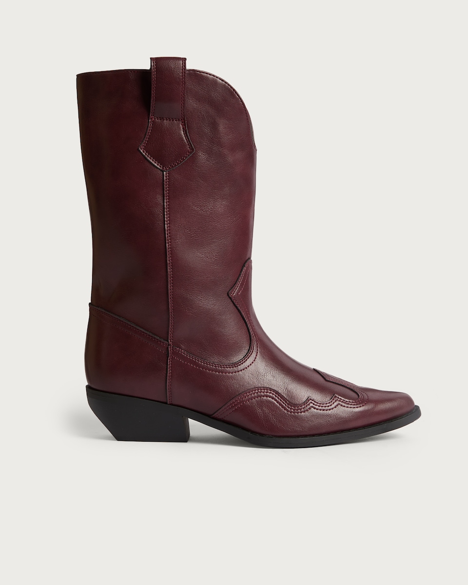 image 1 of F&F Faux Leather Western Inspired Cowboy Boots in Burgundy